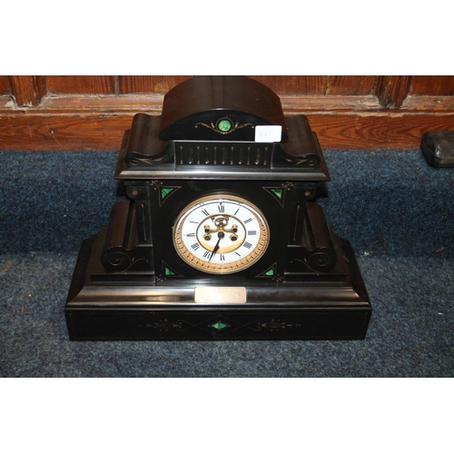 821 - Victorian slate mantel clock with malachite inlay.