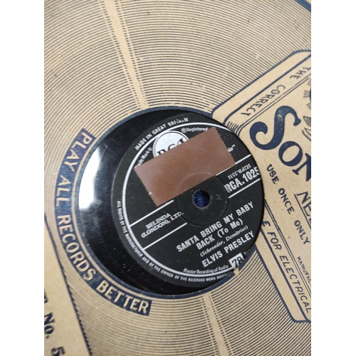 588 - Quantity of 78rpm singles dating from the 1930s-50s to include Elvis Presley on blue HMV label, Rick... 