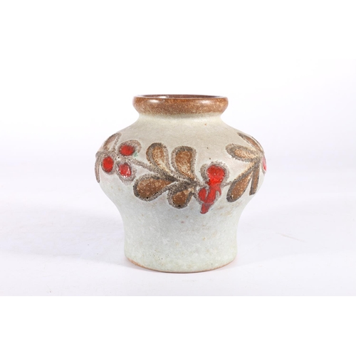 125 - German (GDR) Studio Pottery Strehla vase with leaves and fruit decoration, 13cm tall.