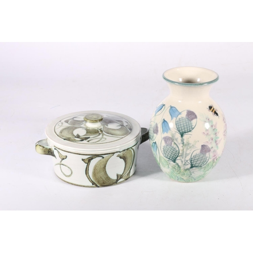 133 - Tain Pottery thistle and bluebell pattern vase 15cm tall, and a Scottish style dish and cover, 14cm ... 