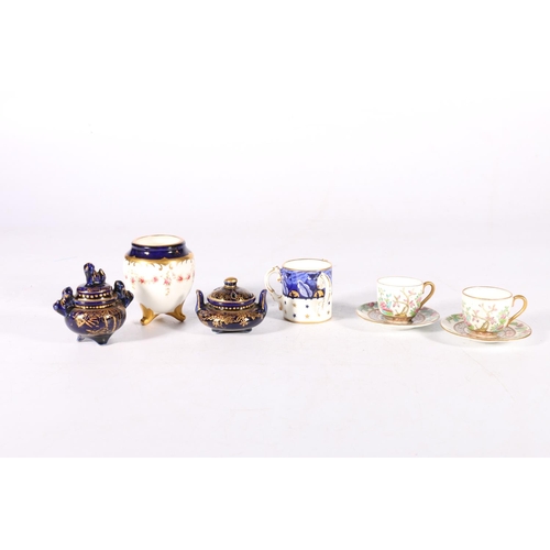 152 - Miniature porcelain to include two oriental censers, a Coalport tyg, a miniature vase and two Indian... 