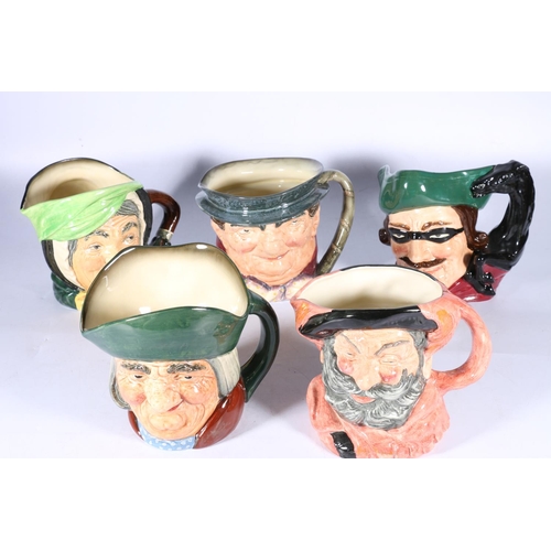 158 - Five Royal Doulton character jugs, Sairey Gamp, Falstaff, Dick Turpin, Tony Weller and Toby Philpott... 