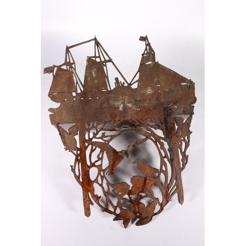 163 - Fret carved mahogany wall shelf decorated with galleon top and birds below, 45cm tall.