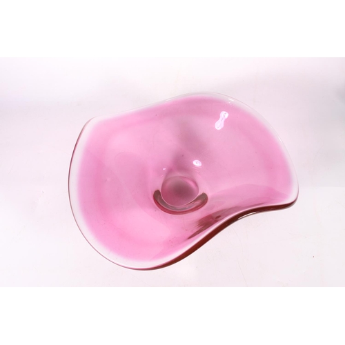 24 - Mid-century design pink glass shallow bowl, with flowing wavy rim, 12cm.