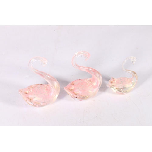 33 - Three iridescent Heron Glass swan models, 12cm. (3)