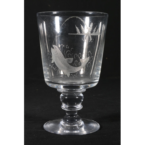 42 - Webb of England glass rummer, with etched fisherman decoration by Cyril P Kimberley, signed, 17cm.