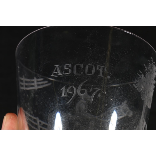 51 - Etched glass rummer, decorated with racehorse and jockey, entitled Ascot 1967, 17.5cm.