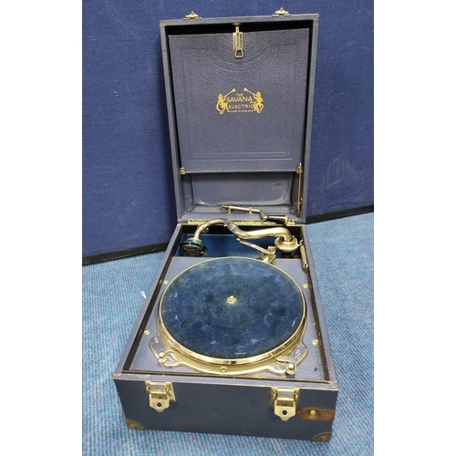 613 - 1930s portable gramophone by the Savanna Electric Co England rd no 754452 in blue leatherette case w... 