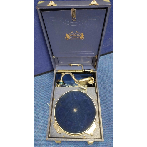 613 - 1930s portable gramophone by the Savanna Electric Co England rd no 754452 in blue leatherette case w... 