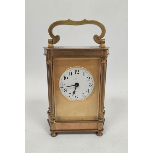 72 - Carriage timepiece with silvered lever platform, the case with angled pillar sides, 13cm, with the t... 