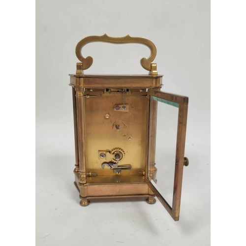 72 - Carriage timepiece with silvered lever platform, the case with angled pillar sides, 13cm, with the t... 