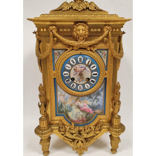 73 - French late 19th century mantel clock by Marti, No. 14974, in gilt spelter with Sevres style plaques... 