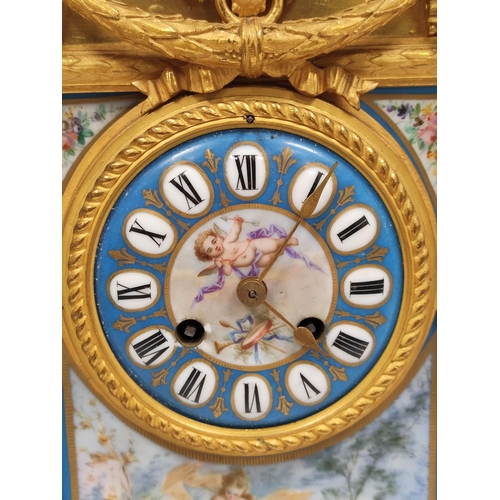 73 - French late 19th century mantel clock by Marti, No. 14974, in gilt spelter with Sevres style plaques... 