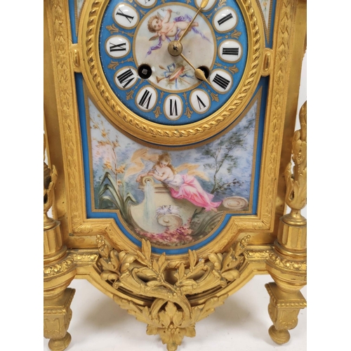 73 - French late 19th century mantel clock by Marti, No. 14974, in gilt spelter with Sevres style plaques... 