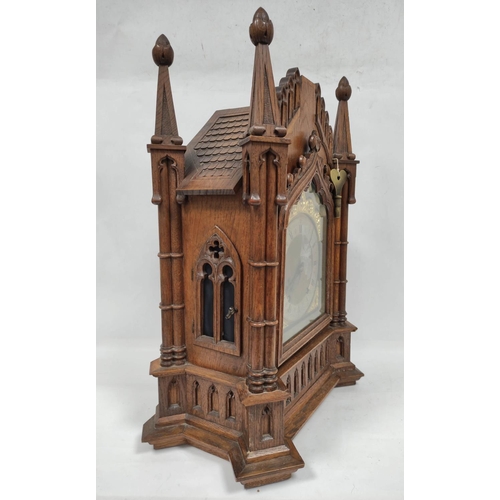 74 - Late 19th century mantel clock by Winterhalder and Hofmeier, chiming on two gongs, in oak case of ar... 