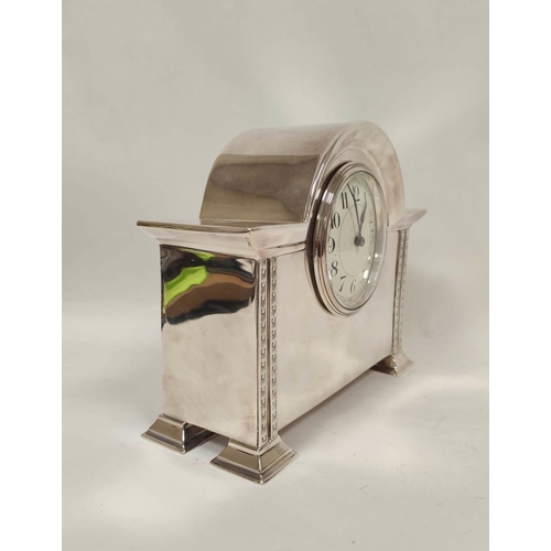 13 - Edwardian e.p. mantel timepiece with lever platform in break arch case with spreading feet, 19cm.