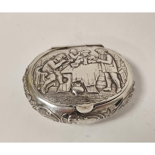 14 - Dutch silver oval tobacco box with embossed tavern scene and 'fantasy' marks, 8cm.