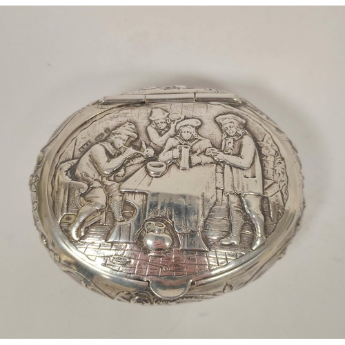 14 - Dutch silver oval tobacco box with embossed tavern scene and 'fantasy' marks, 8cm.