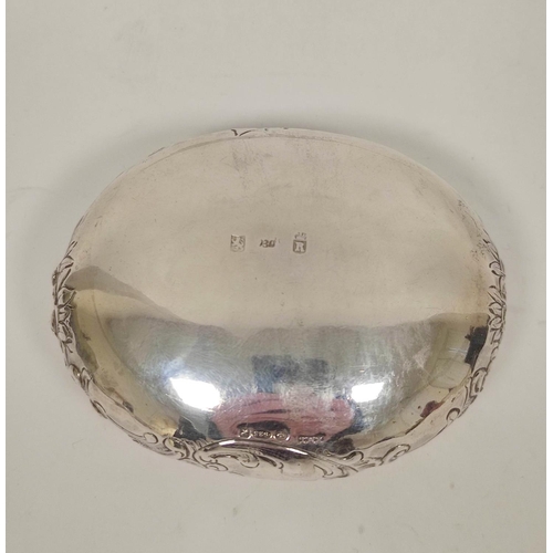 14 - Dutch silver oval tobacco box with embossed tavern scene and 'fantasy' marks, 8cm.