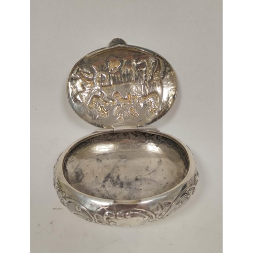 14 - Dutch silver oval tobacco box with embossed tavern scene and 'fantasy' marks, 8cm.