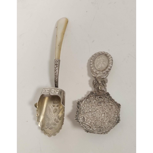 15 - Silver caddy spoon with octagonal embossed bowl and oval grip by Joseph Taylor 1823 and another with... 