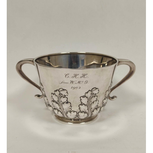 18 - Silver two handled porringer with embossed acanthus, by Huttons 1897, 205g / 6 1/2 oz.