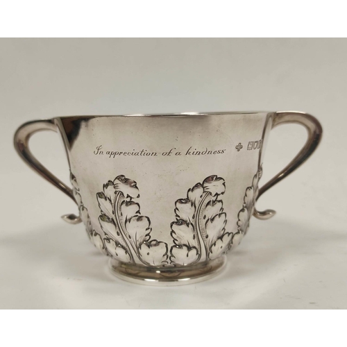 18 - Silver two handled porringer with embossed acanthus, by Huttons 1897, 205g / 6 1/2 oz.