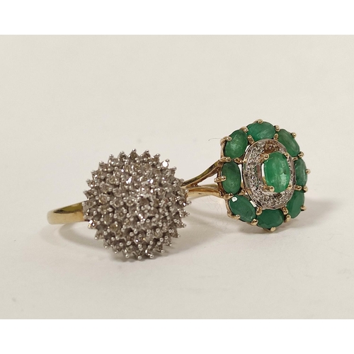 7 - Diamond and emerald oval cluster ring and another of princess cluster style, both 9ct gold, 9g. Size... 