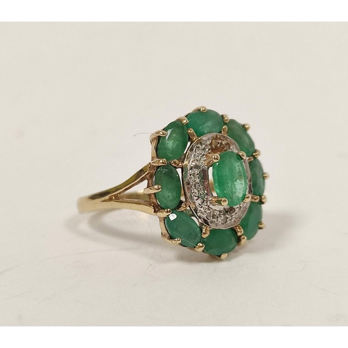 7 - Diamond and emerald oval cluster ring and another of princess cluster style, both 9ct gold, 9g. Size... 