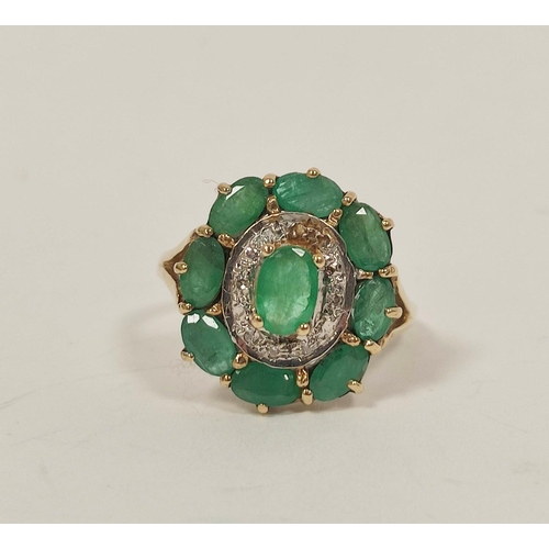 7 - Diamond and emerald oval cluster ring and another of princess cluster style, both 9ct gold, 9g. Size... 