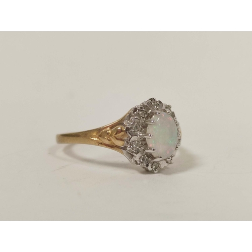 8 - Diamond oval lattice cluster ring '15ct' and another with opal, 9ct. Sizes M 1/2 and P. 