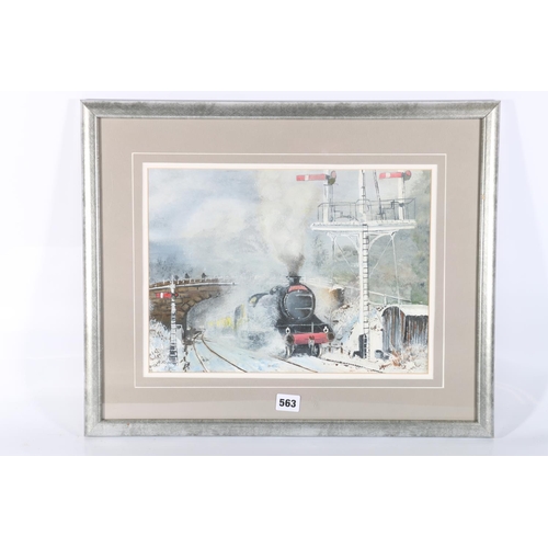 563 - A ROSS, locomotive in the snow, oil on paper, signed, 26cm x 36cm.