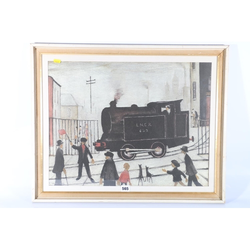 565 - After LAURENCE STEPHEN LOWRY, The Level Crossing Burton on Trent, framed print, 42cm x 54cm.