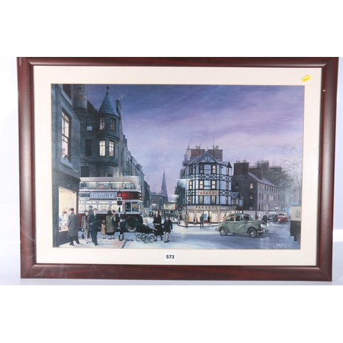 573 - JOHN M BOYD of Edinburgh (b1942), Bristo Street in the 1950s, framed print, 45cm x 69cm.