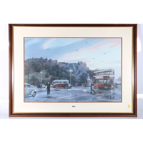 574 - JOHN M BOYD of Edinburgh (b1942), Traffic Control at the Mound, framed print, 45cm x 69cm.