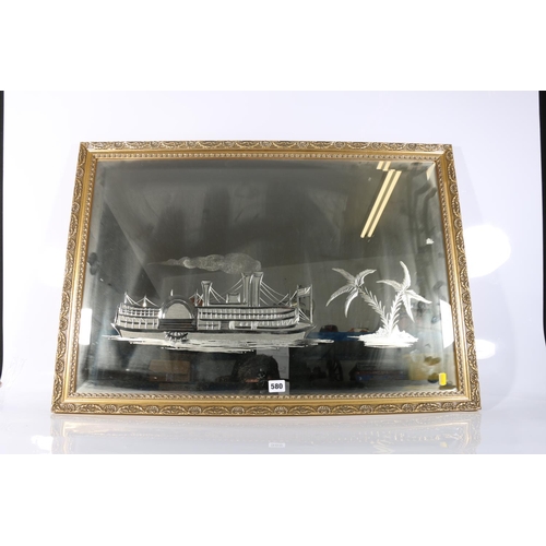 580 - Framed mirror with paddleboat and palm tree scene, frame size 58cm x 82cm.