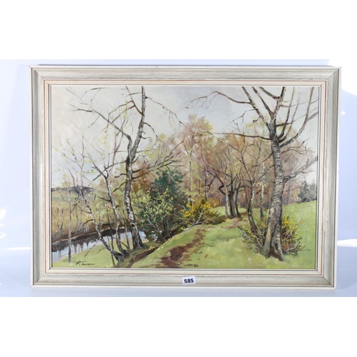 585 - R THOMSON, Woodland Path, oil on board, signed, 43cm x 63cm.