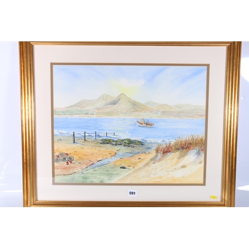 591 - 20TH CENTURY SCHOOL, fishing boat on a loch, watercolour, signed with monogram, 40cm x 52cm. 