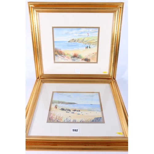 592 - 20TH CENTURY SCHOOL, two coastal scenes, watercolours, signed with monogram, 19cm x 24cm, (2).