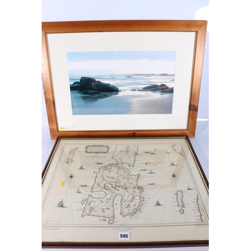 595 - JOHAN BLAEU map print of Islay and a framed photographic print of an Islay shoreline, (2).