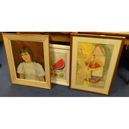 33 - Three vintage pictures to include a portrait and an abstract oil. (3).