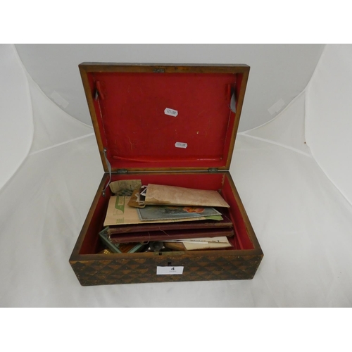4 - Oriental wooden box to include ephemera.&nbsp;