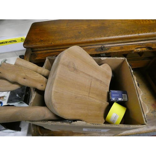 46 - Box of craft items to include part made wooden footstool.
