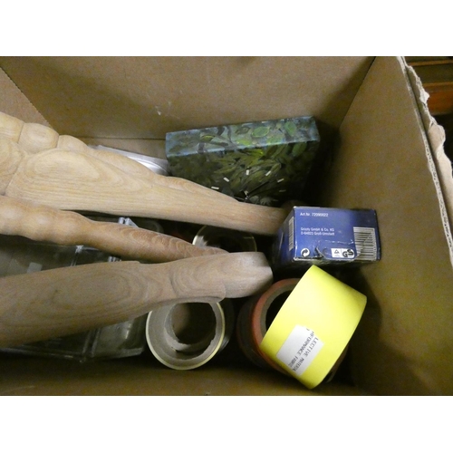 46 - Box of craft items to include part made wooden footstool.