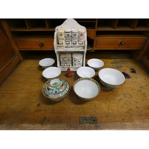 53 - Spice rack and Oriental bowls.