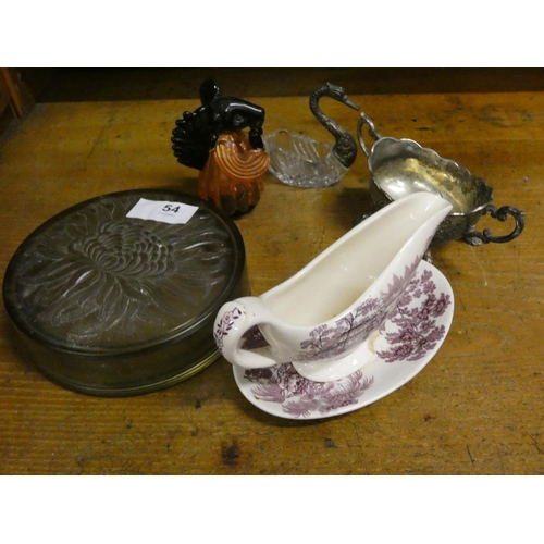 54 - Ep  twin handled dish, ceramic sauceboat on stand etc