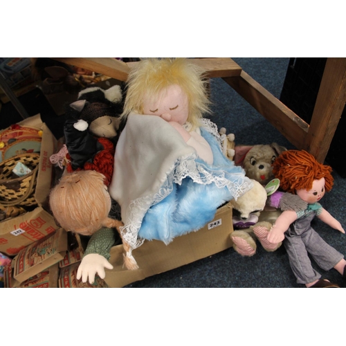 243 - Box containing vintage soft toys to include Yoohoo and friends, Mexican dolls, etc.