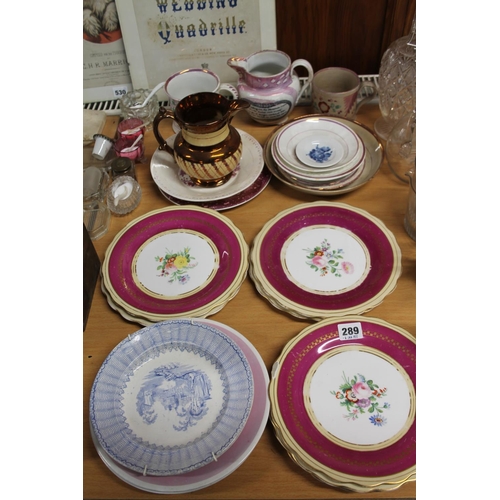 289 - Sunderland lustre tea ware, jugs, mugs, Victorian floral decorated plates, etc.