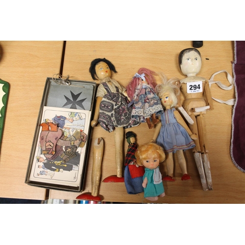 294 - Wooden dolls, sailor cards, Malta souvenir postcards, etc.