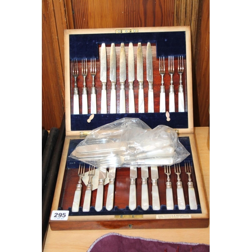 295 - Part set of silver collared mother-of-pearl fish knives and forks, cased, and others.